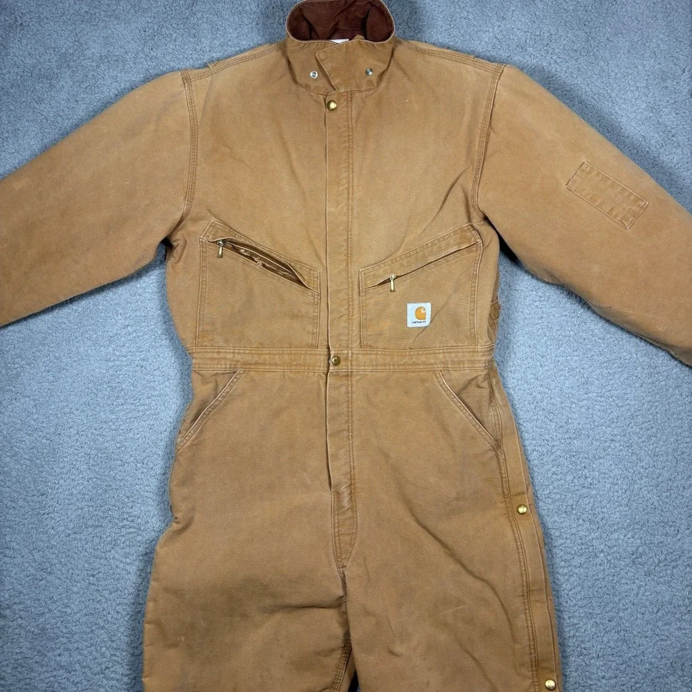 Carhartt Mens Duck Quilt Lined Coveralls Brown Size 44 Regular Workwear Jumpsuit